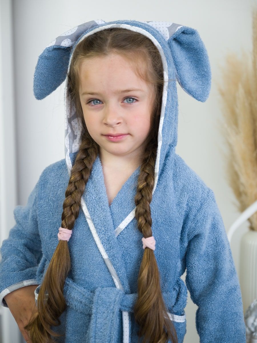 снимок Махровый халат "ЛАПУШКА" с капюшоном из бязи, лазурный, ушки-зайчики от магазина BIO-TEXTILES ОПТ