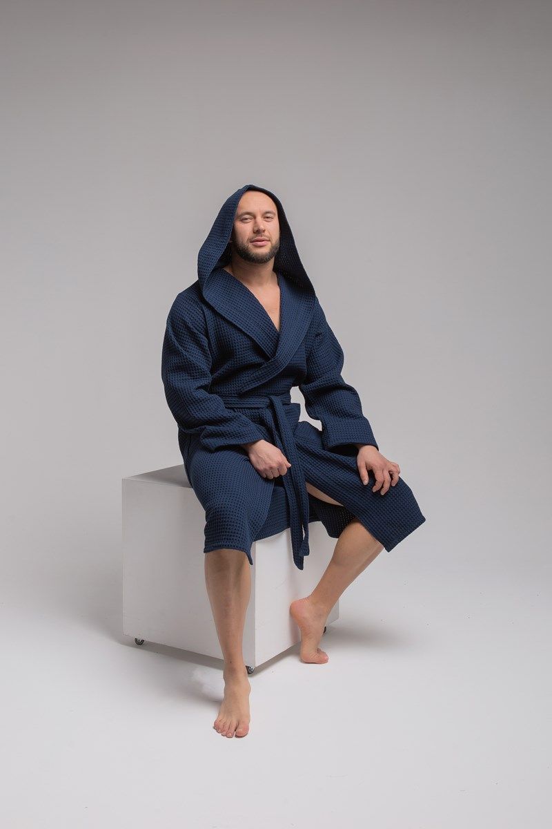 снимок Халат вафельный PandaHug Оrlando синий с капюшоном от магазина BIO-TEXTILES ОПТ