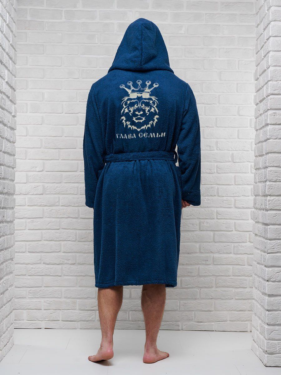 снимок Халат махровый с капюшоном, темно-синий с вышивкой от магазина BIO-TEXTILES ОПТ